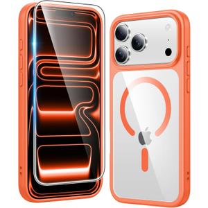 FNTCASE for iPhone 17 Pro-Max Case: Clear Magnetic Phone Cases with Screen Protector Compatible with Magsafe Slim Anti Yellowing Rugged Shockproof Protective Transparent Cell Phone Cover (B-Orange)