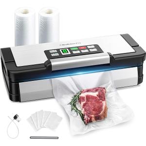 95kPa Vacuum Sealer Machine with AquaLock Technology, for Moist Seals, 2X Seal & 130W, Fully Automatic Food Sealer, Built-In Cutter, Bag Storage & Hose, Precision Sealing, 2 Bag Rolls,Stainless Steel