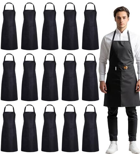 Blueash 16 Pack Bib Apron, Unisex Aprons Adjustable Waterdrop Resistant with 2 Pockets Cooking Kitchen Apron for Chef