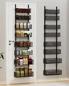 VyGrow Over the Door Organizer, 8Tier Pantry Organizer with Fully Enclosed Mesh Baskets, HeavyDuty Metal Hanging Spice Rack for Kitchen Bathroom Laundry Room, 2in1 Wall Mount or Door Mount, Black