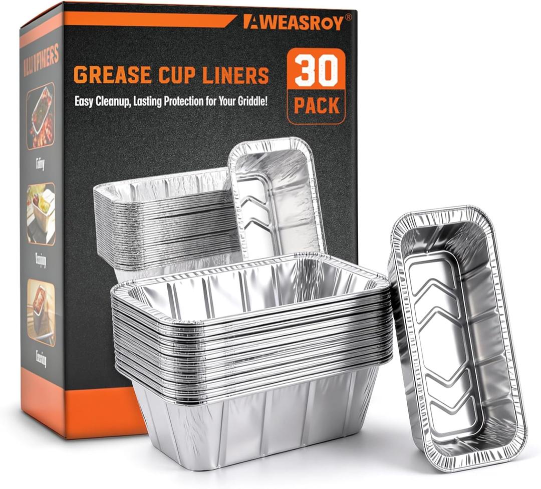 2 x AWEASROY Grease Cup Liners Compatible with Blackstone Griddle - Griddle Accessories, Disposable Grill Tray, Aluminum Foil Drip Pan Grease Catcher Cup Liner for 17, 22, 28, 36 Inch (30 Pack)