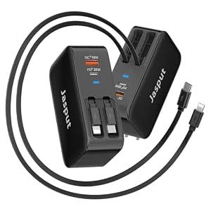 4 in 1 Retractable Wall Charger with Dual Cables,40W Retractable Phone Charger Wall Plug with Dual USB Ports,20W USB C Chargers Block Fast Charging for iPhone 17 16 15 14 13,LG, Galaxy S24 23,Pixel