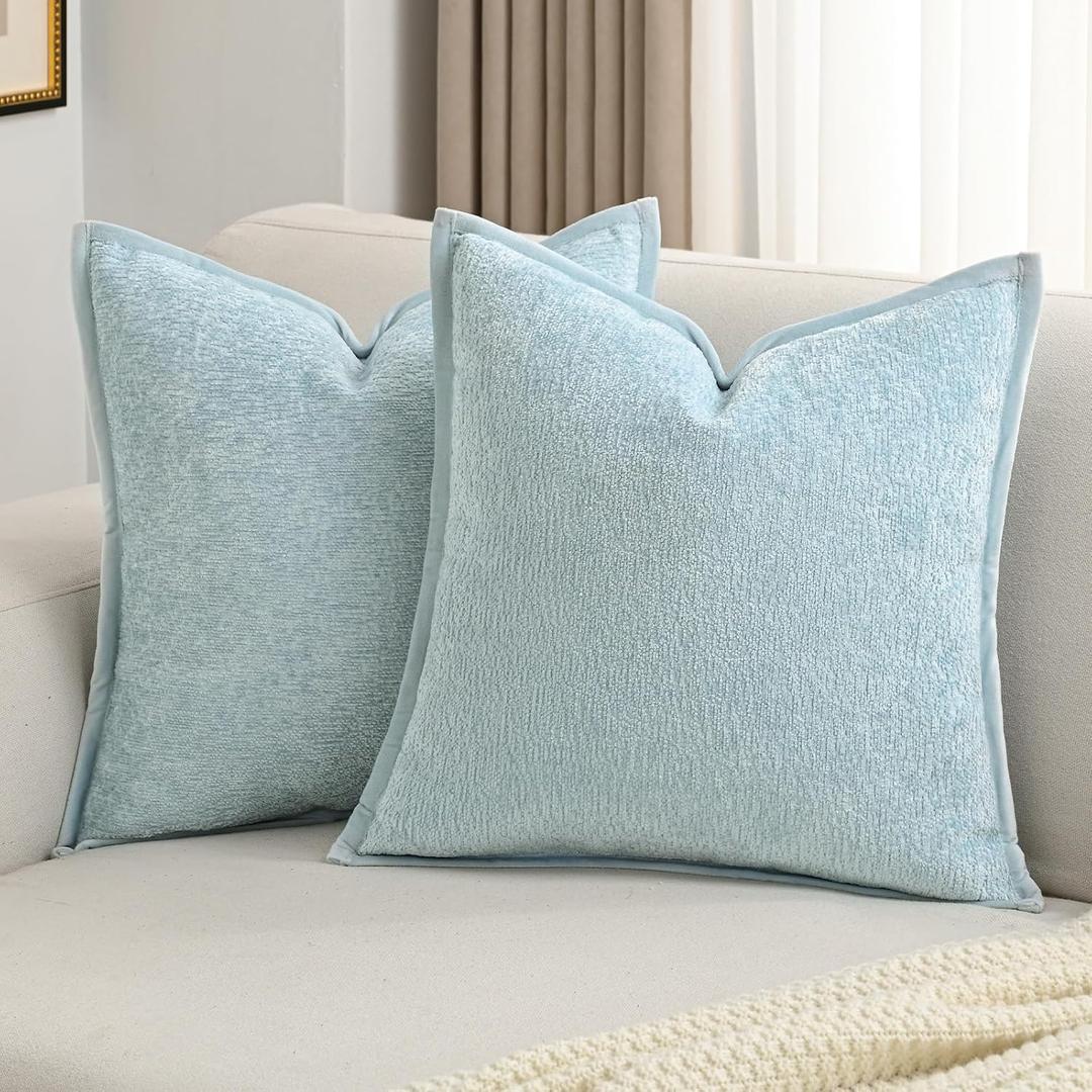 FUTEI Light Blue Chenille Throw Pillow Covers 18x18 Inch Set of 2,Soft Cozy Bound Edge Design Cushion Case,Home Decor for Couch Bed Living Room