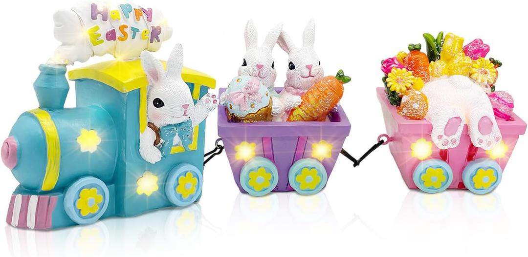 Hexagram Easter Decorations for Home,Train, Easter Table Decor, Home Rabbit Lighted Centerpieces Table, Decorations for Tabletop Outdoor Party Decorative Figurines