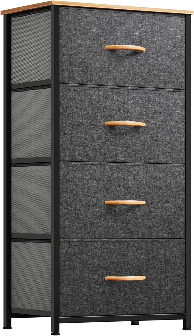 YITAHOME Dresser with 4 Drawers - Fabric Storage Tower, Organizer Unit for Bedroom, Living Room, Hallway, Closets - Sturdy Steel Frame, Wooden Top & Easy Pull Fabric Bins (Dark Grey)