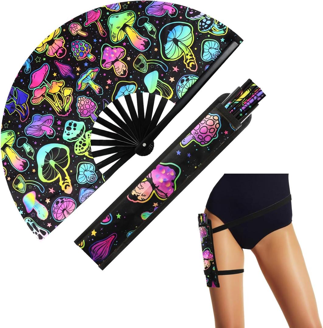 Large Rave Fan UV Glow Hand Fan with Holster for Men Women Disco Party Supplies for Carnival St. Patrick's Day Edm Music Festival Club Rave Accessories(Reflective Mushroom)