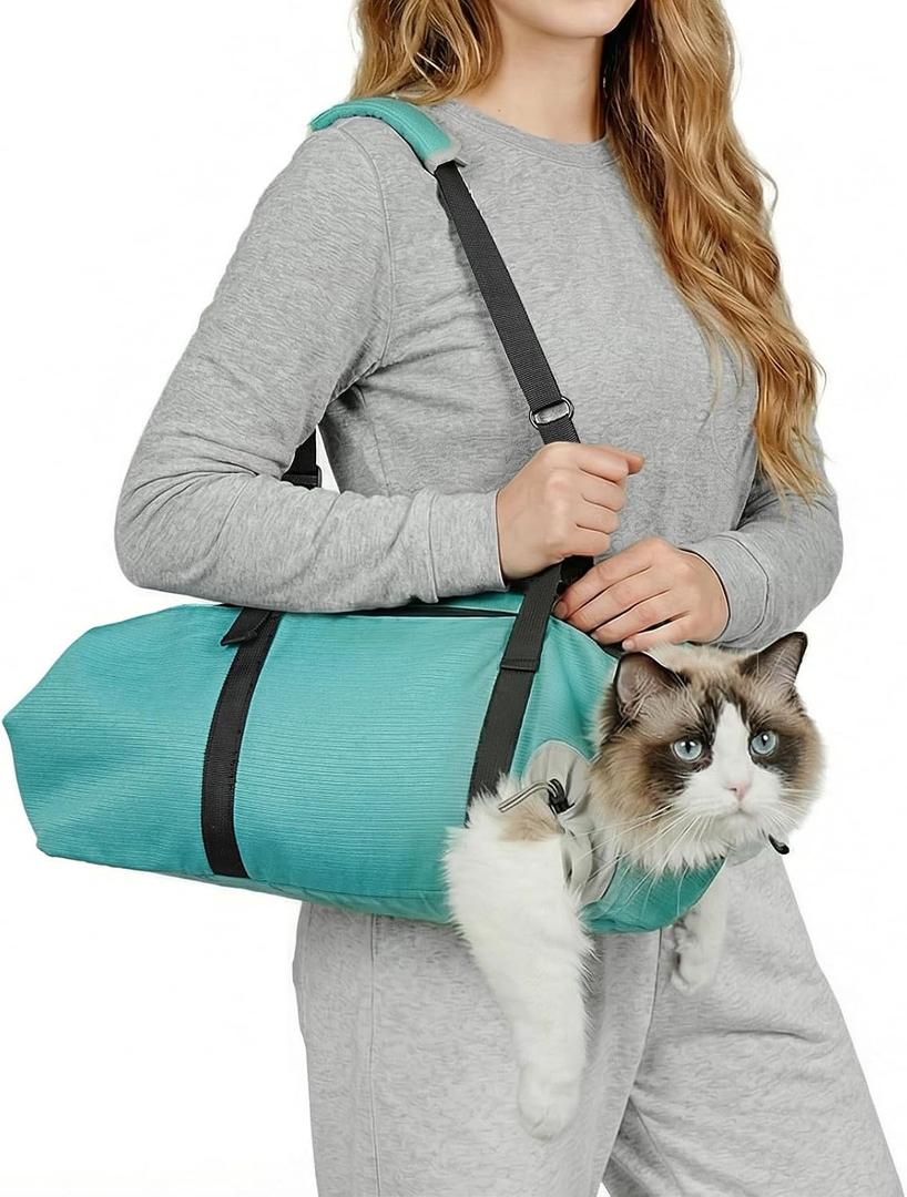 Pawfun Cat Carrier Pouch, Soft Cat Grooming Restraint Bag for Vet Visits, Nail Trimming & Medication, Comfortable Cats Carry Bag with Bottom Support for Car Travel, Green, XS