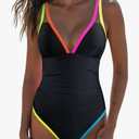popvil Women's One Piece Neon Color Block 2025 Swimsuits Tummy Control Swimwear Deep V Neck Slimming Bathing Suit Size L
