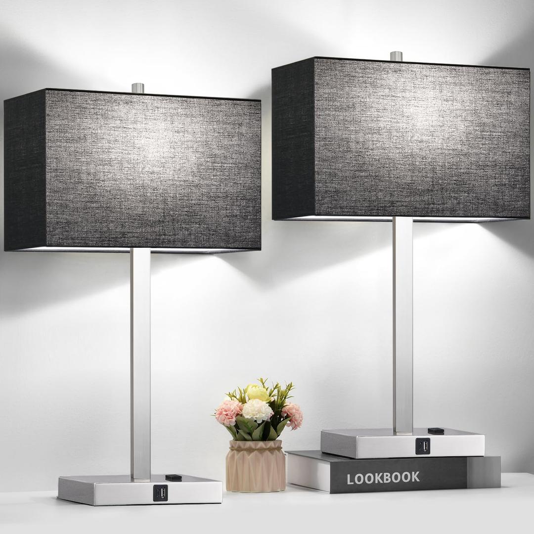 Lynnoland 21" Table Lamps with USB-A+C & AC Outlets, Touch Control 3-Way Dimmable Nightstand Lamps for Bedroom Living Room Office Reading, Black Shade Bedside Lamps, 5000K LED Bulbs Included (Black Linen& Brushed Nickel(Base)-Two 5000K Bulbs Included)