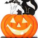 Halloween Pumpkin Lights, Battery Operated Wooden Tabletop Decor, Light Up Indoor Outdoor Party Decoration for Desk, Table, Fireplace