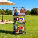 Sonyabecca Outdoor Toy Storage Basket, Play Kitchen Organizer with 5 S-Hooks,3 Tier Rolling Storage Cart Garage, Pantry Floor Snack Cart with Wheels, Toy Shelf Dog Storage Organizer Kids Bookshelf