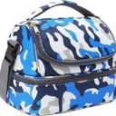 FlowFly Kids Double Decker Cooler Insulated Lunch Bag Large Tote for Boys, Girls, Men, Women, With Adjustable Strap, Blue Camo