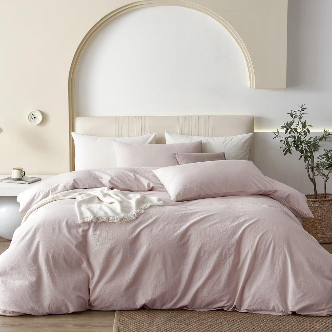 JIYUAN Queen Size Duvet Cover Set, 3-Piece - 100% Washed Cotton, Linen-Like Soft & Breathable with Zipper Closure, Includes 90x90 Inch Cover & 2 Pillowcases, Heathered Greyish Pink