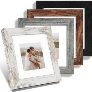 6x6 Picture Frame Set of 4, Made of Real Glass and Multicolour Wooden Frame, 6 by 6 Photo for Wall or Tabletop - Display Picture 4x4 with Mat or 6x6 Without Mat