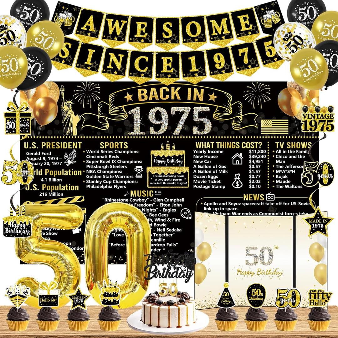 Trgowaul 50th Birthday Decorations for Men Women, 32PCS Back in 1975 Birthday Party Supplies, Vintage Black Gold Birthday Banner, 50th Birthday Alternative Signature Guest Book, Cheers to 50 Years Old
