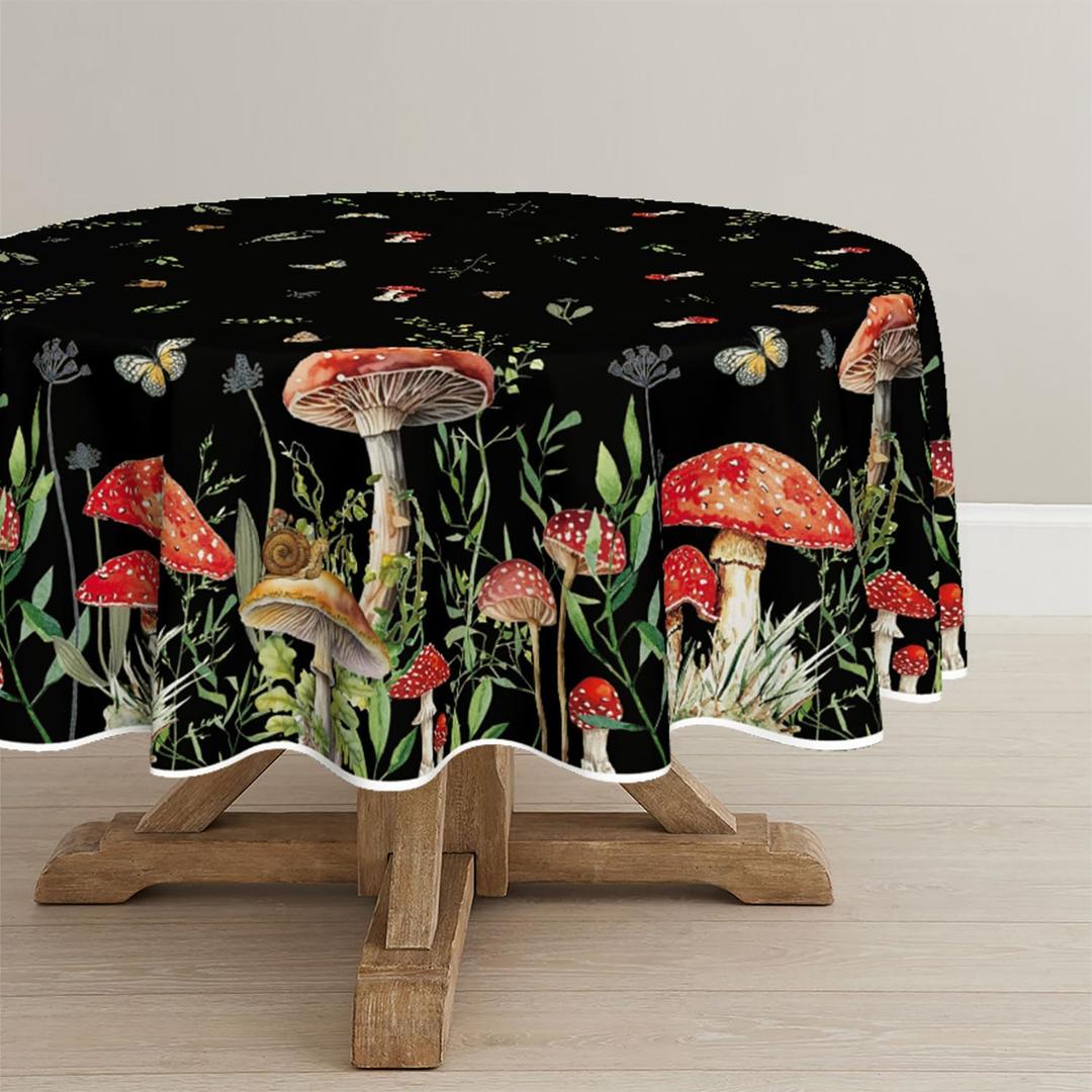 Horaldaily Mushroom Tablecloth 70x70 Inch Round, Black Seasonal Vintage Washable Seasonal Table Cover for Party Picnic Dinner Decor