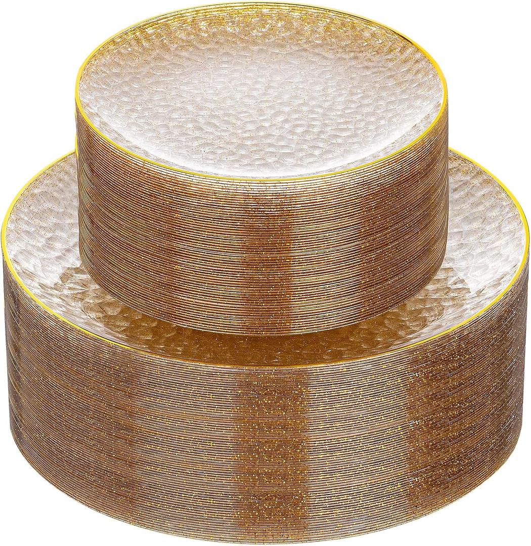 Rubtlamp 60Pcs Clear Gold Plastic Plates, Gold Glitter Disposable Plates, Hammered Plastic Plates Included 30 Dinner Plate And 30 Dessert Plates for Party