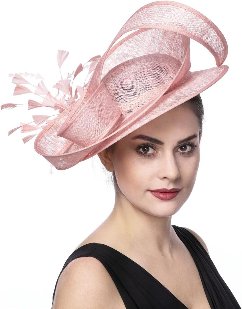 SAFERIN Fascinators Hat Flower Mesh Ribbons Feathers on a Headband and a Clip Tea Party Headwear for Girls and Women (Polyester, ST54-Pink)