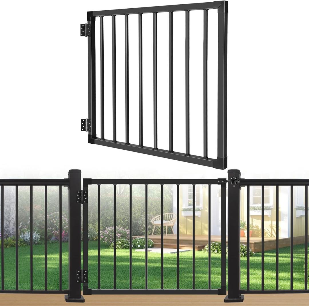 Deck Fence Gate Outdoor, 32 Gate for 36 Deck, Black Heavy Duty Steel Anti-Rust Door with Cuttable Width (Up to 48"), Metal Gate for Residential, Yard, Patio, Hinges and Latch Included