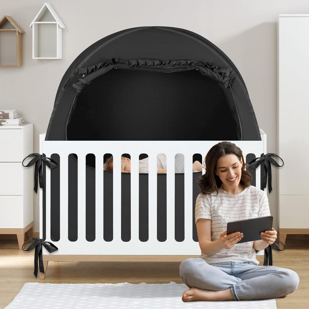 BORNA Pack N Play Blackout Cover, Blackout Tent for Full Size Crib and Pack and Play, Breathable Sleep Pod for Kids, Pop Up Crib Blackout Cover Canopy, Softens The Light (51"L x 27.5"W x 55"H)