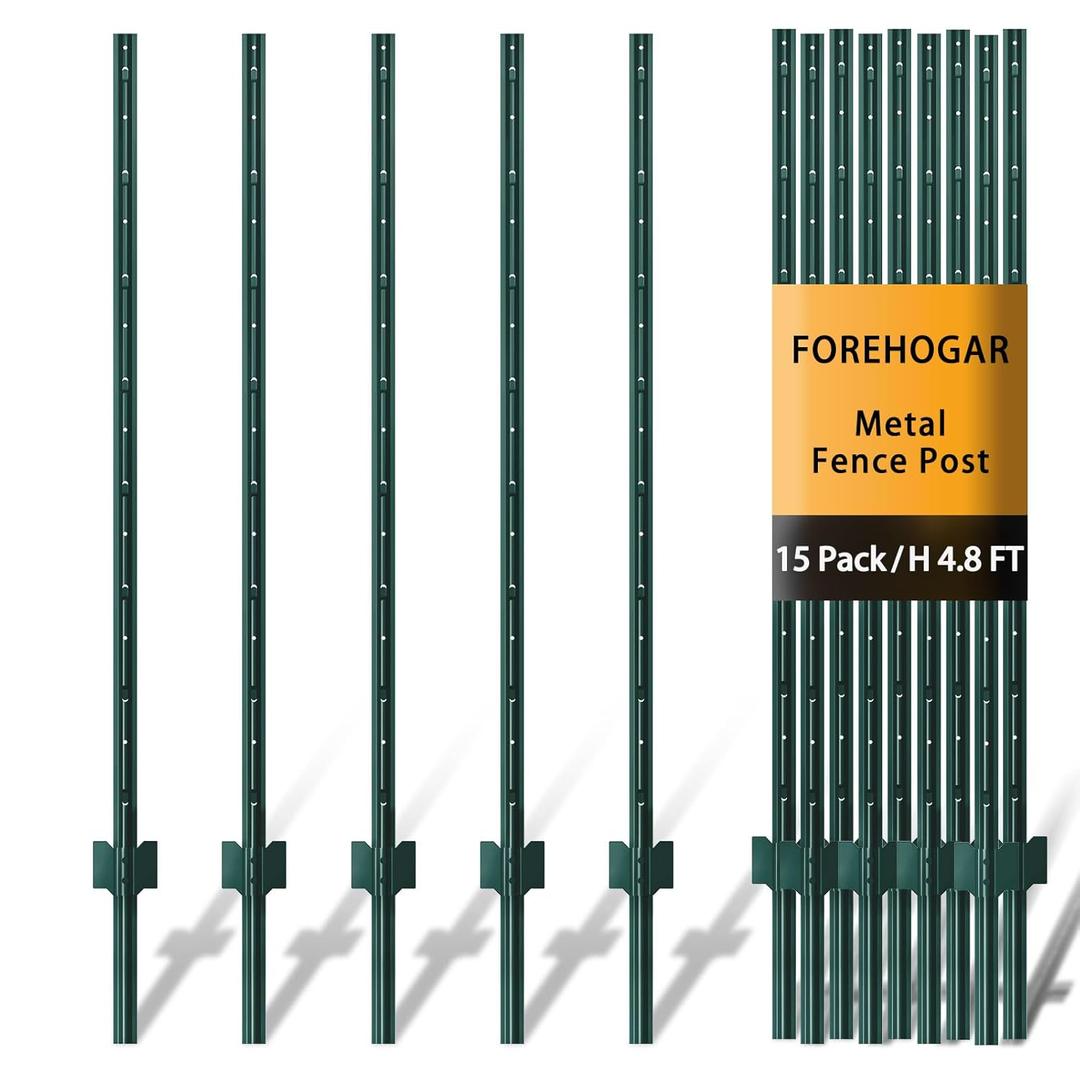 FOREHOGAR Metal Fence Post Green 4.8 feet, Pack of 15, T Post for Wire Fence, No Dig Steel U Posts Fencing for Lawn Garden Wire Mesh Fences Poles Sign Outdoor Light Duty