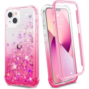 Ruky Case for iPhone 13 & iPhone 14, Full Body Glitter Liquid Case with Built-in Screen Protector Soft TPU Protective Girls Women Phone Case for iPhone 13 & iPhone 14 6.1, Gradient Pink