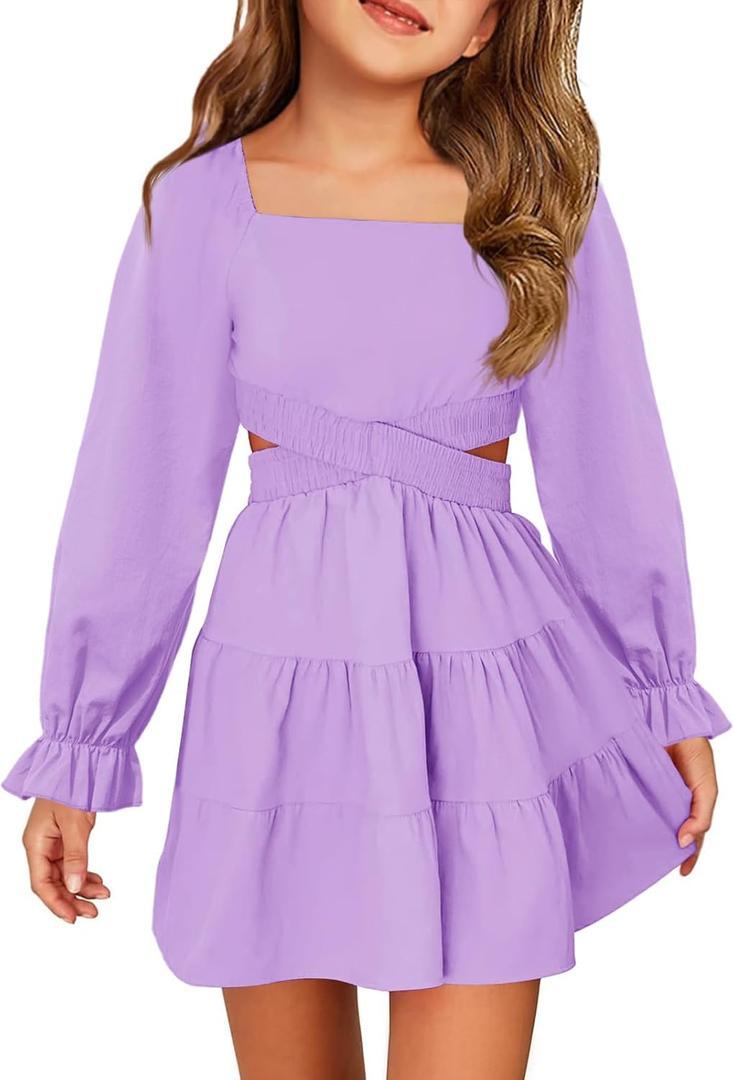 Haloumoning Girls Dresses Long Sleeve Square Neck Crossover Waist Casual A-Line Spring Fall Dress 5-14Y (S)