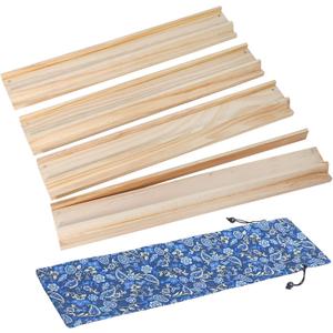 Set of 4 Wooden Mahjong Racks with Pusher, A Blue Rack Bag, American Mahjong Accessories (Yellow)