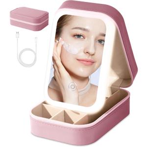 Small Travel LED Makeup Mirror Case with 3 Adjustable Color Light Settings, Dust-Proof Jewelry Box, Mini Cosmetic Train Case Ideal for Short Trips (Pink)