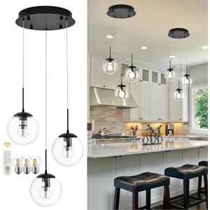 KoKo&Yukina 3-Light Globe Glass Pendant Light Modern Black Clear Globe Glass Chandelier Adjustable Length Pendant Lights Fixtures High Ceiling Light for Kitchen Island Foyer (Bulb & Remote Incl.)