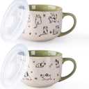 AmorArc 32 Ounces Ceramic Soup Mugs with Lids and Handle, Stoneware Bowls Cup Set of 2 for Soup, Stew, Noodle, Beautiful Mug Bowls With Lovely Dog,Cat Patterns, Microwave&Dishwasher Safe, Olive