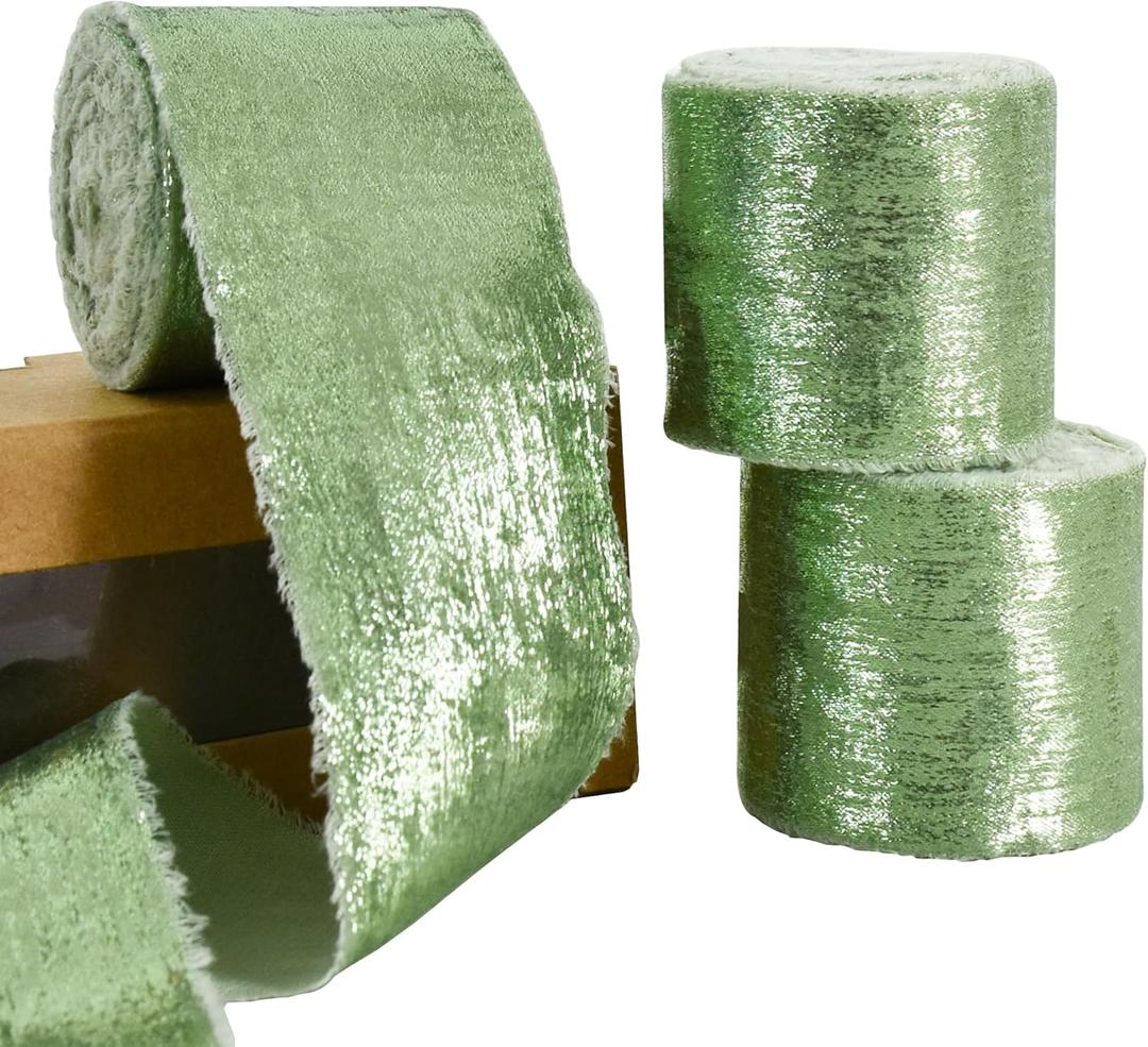 3 Rolls Sage Green Silk Satin Ribbon, 1.5 Inch 15 Yards Chiffon Frayed Ribbon for Flower Bouquet, Gift Wrapping, Wedding, Birthday Party Decor