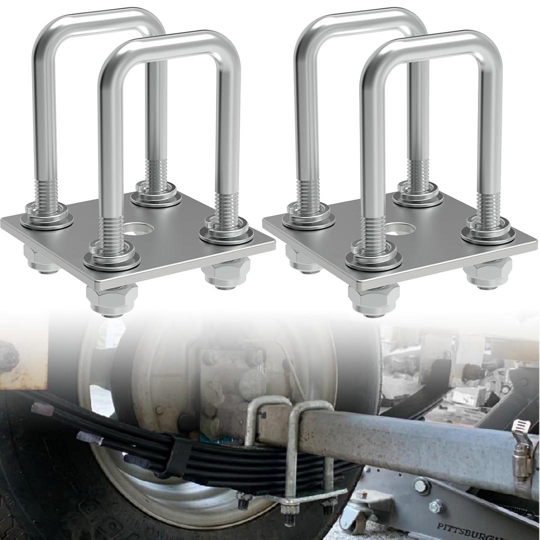 Square U-Bolt Kit for Boat Trailer Mounting Axle Leaf Springs Zinc(4 U-Bolt + 2 Plate),Heavy Duty Square U-Bolts with Nuts and Frame Plate for Trailer Automobiles Trailer (2" W x 5" L)