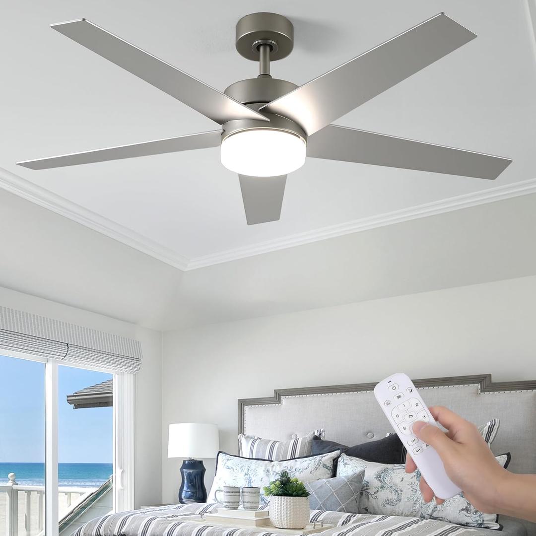 DWVO 52 inch Ceiling Fan with Lights and Remote, Silver Ceiling Fan with Reversible Quiet DC Motor,3CCT Lighting, 5-Blade,6 Speed for Bedroom, Living Room