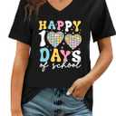 100 Days of School Shirt Teacher Happy 100th Day of School Graphic T-Shirt Casual V Neck Short Sleeve Tee Tops (Black, XL)