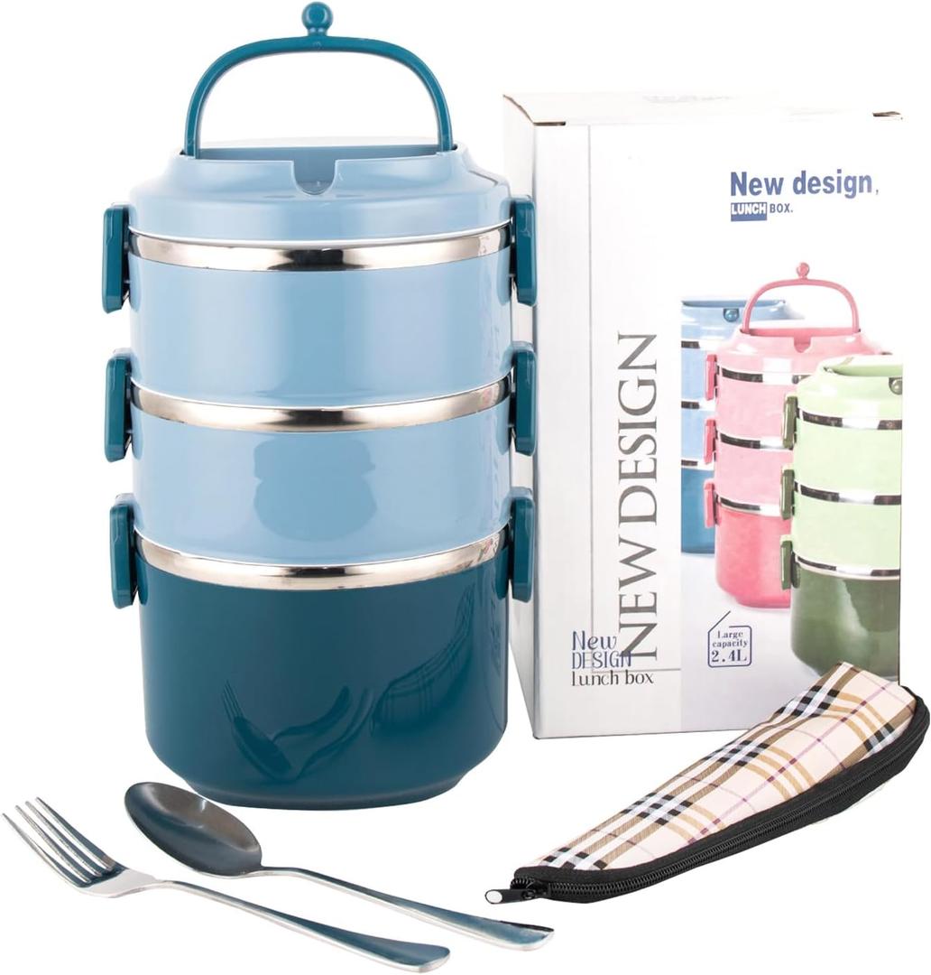 SANQIAHOME 3 Tier Stackable Stainless Steel Lunch Box Sealed(Blue, 3 Layers) with Spoon and Fork