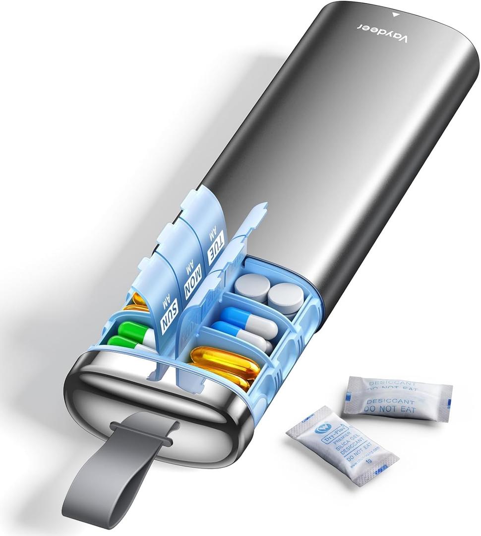 Vaydeer Metal AM/PM Pill Organizer with Built-in Desiccant Compartment, 7 Day Weekly Pill Box, Airtight Moisture-Resistant Seal, Travel Pill Case for Medication & Supplements (Gray) (A2-grey)