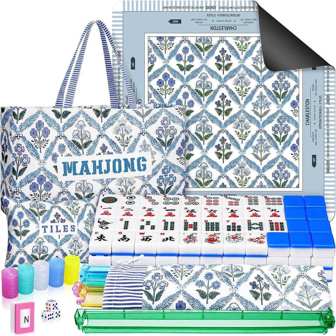179 Pcs Complete American Mahjong Tiles Set with Bags, Blue Flower