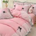 IHOUSTRIY Pink Duvet Cover Queen Size, Ruffle Beddding Set with Bowtie, 3 Pieces Comforter Cover Set with Zipper Closure, Girl Bedding with Pillowcase - Light Pink, Queen (Queen, Light Pink)