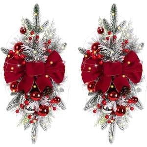 ICBOX 2 Pcs Red Christmas Teardrop Swags Christmas Wreaths Garland 24'' Prelit Xmas Stairway Teardrop Trim Swag for Front Door Home Outdoor Garden Stair Railing Wall Window Christmas Decorations (Red)