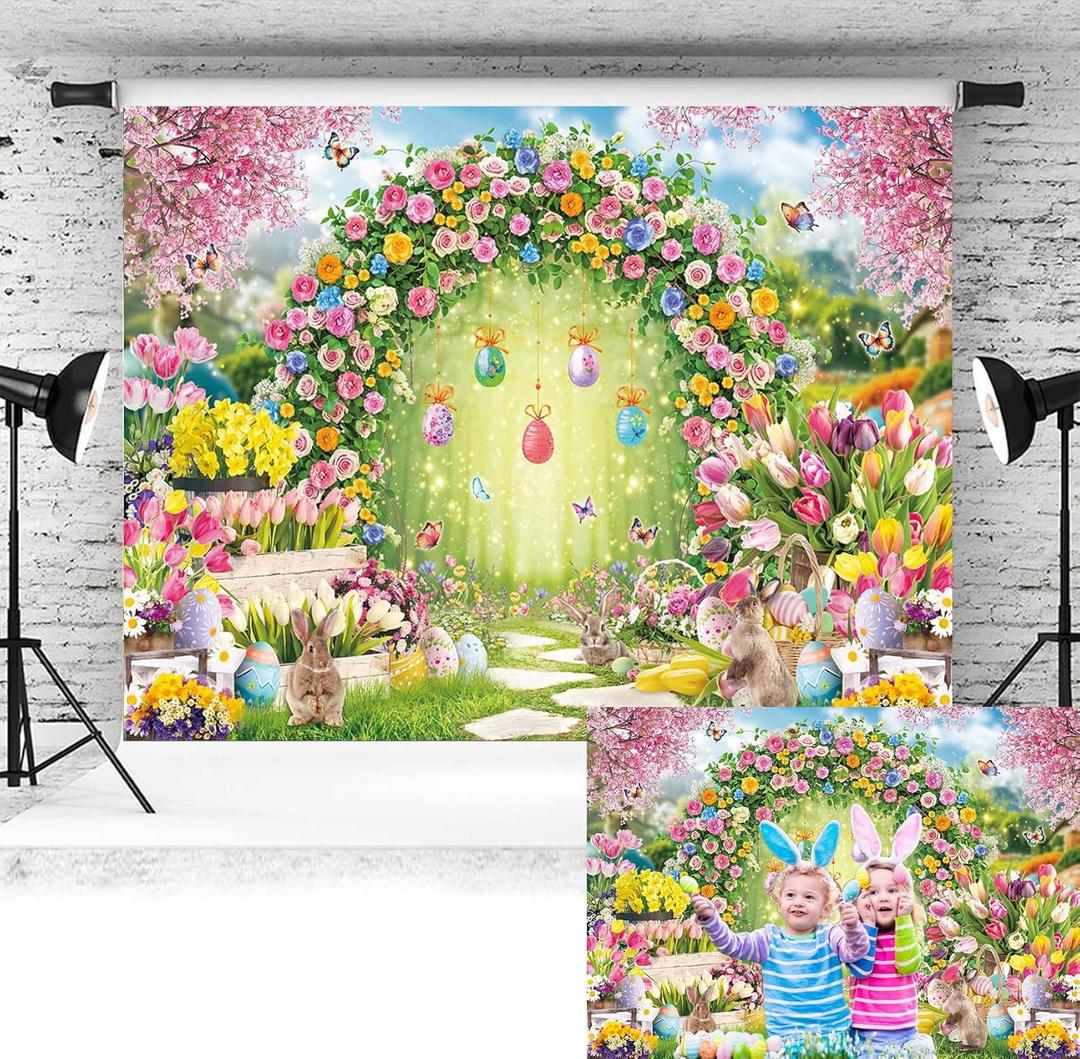 2 x Spring Easter Backdrop Easter Bunny Rabbit Spring Floral Garden Photography Background Newborn Baby Shower Party Decoration Banner Photo Supplies (7x5FT, Colorful)