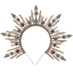 Renfaire Halo Crown Headpiece - Moon Goddess Sunburst Headband Fantay Gold Headpiece Boho Wedding Photo Shoot Cosplay Party Renaissance Halloween Costume Blue Rhinestones