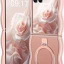 [Magnetic Stand & Wave Frame] Case for Samsung Galaxy Z Flip 7 [Fit for MagSafe] [Military Drop Protective] Not Yellowing Translucent Z Flip 7 Phone Ring Cover for Women Men 6.9" Pink