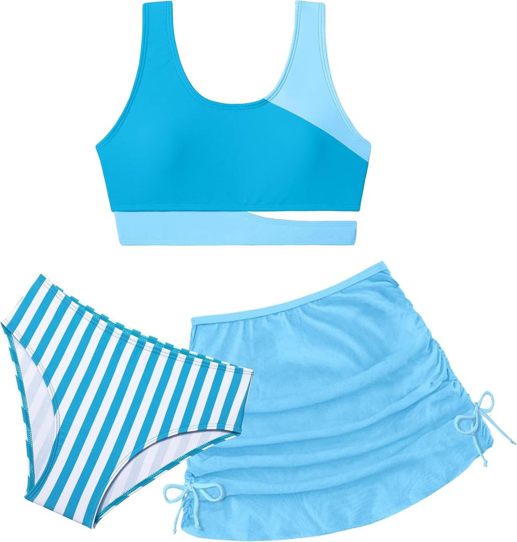 BAVADER Girls Swimsuit Cutout Tropical Floral Bathing Suit for Girls 3 Pcs Bikini with Drawstring Cover up Skirt 11-12Y