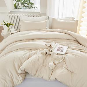 Litanika Queen Comforter Set Beige, 3 Pieces Lightweight Fluffy Solid Bedding Comforter Set, Down Alternative Comforter All Season Bed Set Gift Choice (Queen (90"x90"), 02 - Beige)
