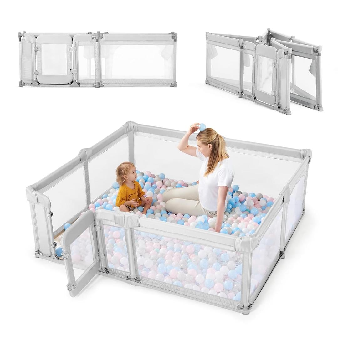 Sweeby Foldable Baby Playpen, Baby Gate Playpens for Babies and Toddlers 71x59 Extra Large Play Yard with Door Fence with Mat and Indoor Play Pen, Light Grey