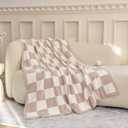 Ultra Soft Cozy Checkered Knitted Throw Blanket Fluffy Microfiber Checkerboard Bed Blanket Lightweight Both Sides Blanket for Couch Sofa Bed (Cream, Throw 50x60)