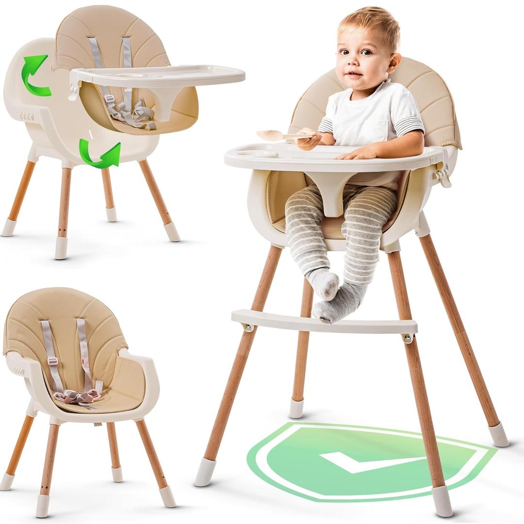 3-in-1 High Chair for Babies and Toddlers - Convertible Wooden Baby Highchair for Eating with Safety Belt, Foldable Baby Feeding Chair with 3-Position Removable Tray, Adjustable Legs, Easy to Clean