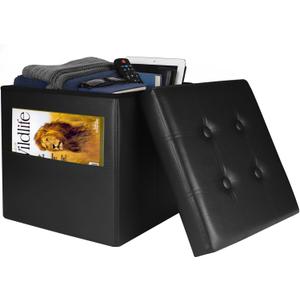 Storage Ottoman Foot Rest Stool, Small Leather Storage Ottomans Bench, Folding Footstool with Side Pockets, Foot Rest Under Desk for Living Room Bedroom, 15x15x15 in, Black