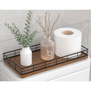Toilet Paper Basket Organizer Oak Wood Toilet Tank Tray with Metal Frame, Bathroom Counter Top Storage for Toilet Paper, Wipes & Decor, Modern Narrow Back of Tank Shelf Organizer, Black & Brown